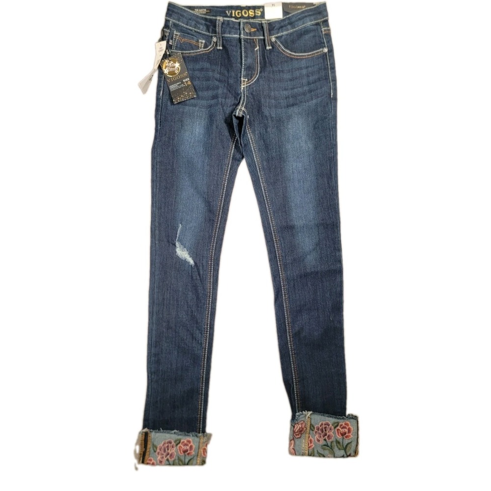 NWT Vigoss Girls 14 Austin Ankle Skinny Jeans Floral Embroidered Stretch Denim